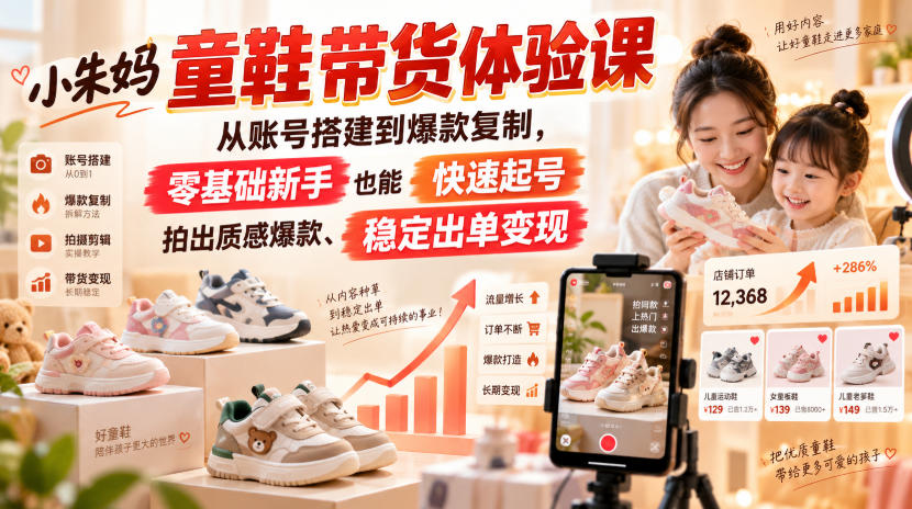小朱妈童鞋带货体验课，从账号搭建到爆款复制，零基础新手也能快速起号、拍出质感爆款、稳定出单变现-云网创