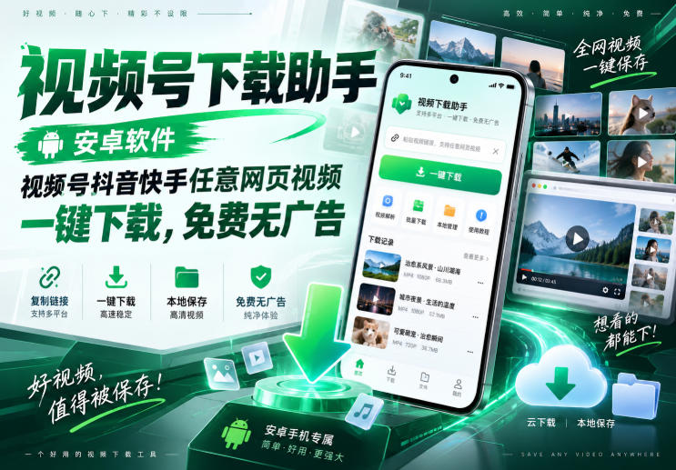 视频号下载助手，安卓软件，视频号抖音快手任意网页视频，一键下载，免费无广告-云网创