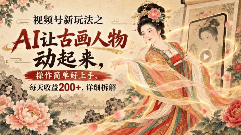 视频号新玩法之AI让古画人物动起来，操作简单好上手，每天收益200+，详细拆解-云网创