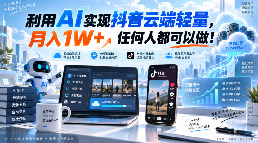 利用AI实现抖音云端轻量，月入1W+，任何人都可以做！【揭秘】-云网创