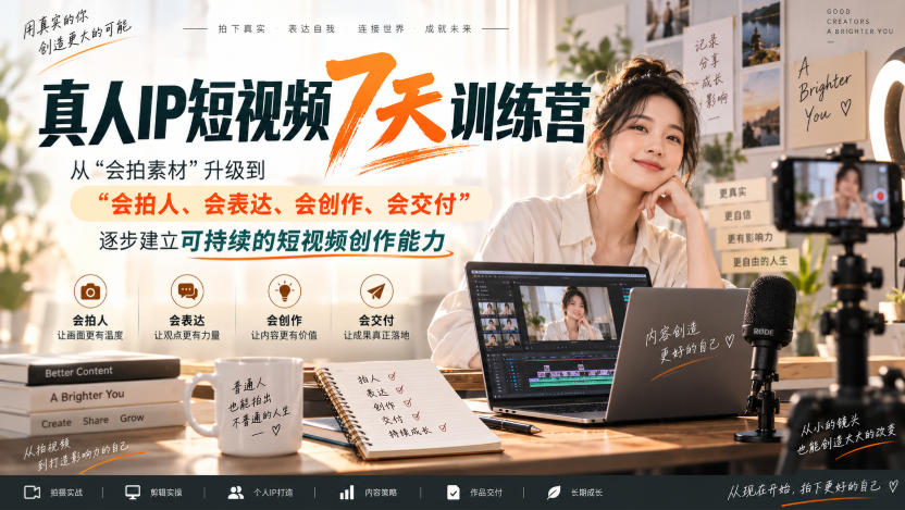 真人IP短视频7天训练营，从“会拍素材”升级到“会拍人、会表达、会创作、会交付”，逐步建立可持续的短视频创作能力-云网创