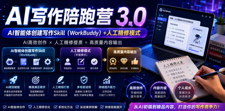 AI写作陪跑营3.0，Ai智能体创建写作skill(workbuddy)+人工手写模式(手搓模式)，去除AI痕迹(头条号、公众号、百家号)(更新0907)-云网创