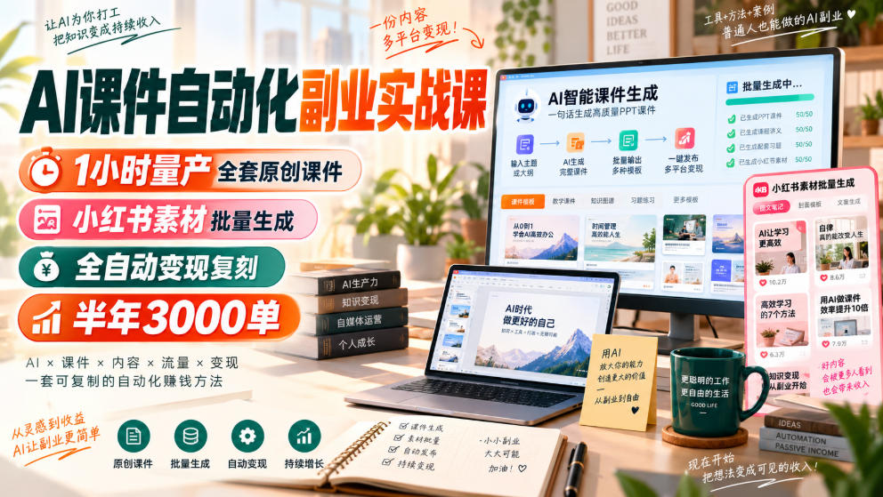 AI课件自动化副业实战课，1小时量产全套原创课件，小红书素材批量生成，全自动变现复刻，半年3000单-云网创