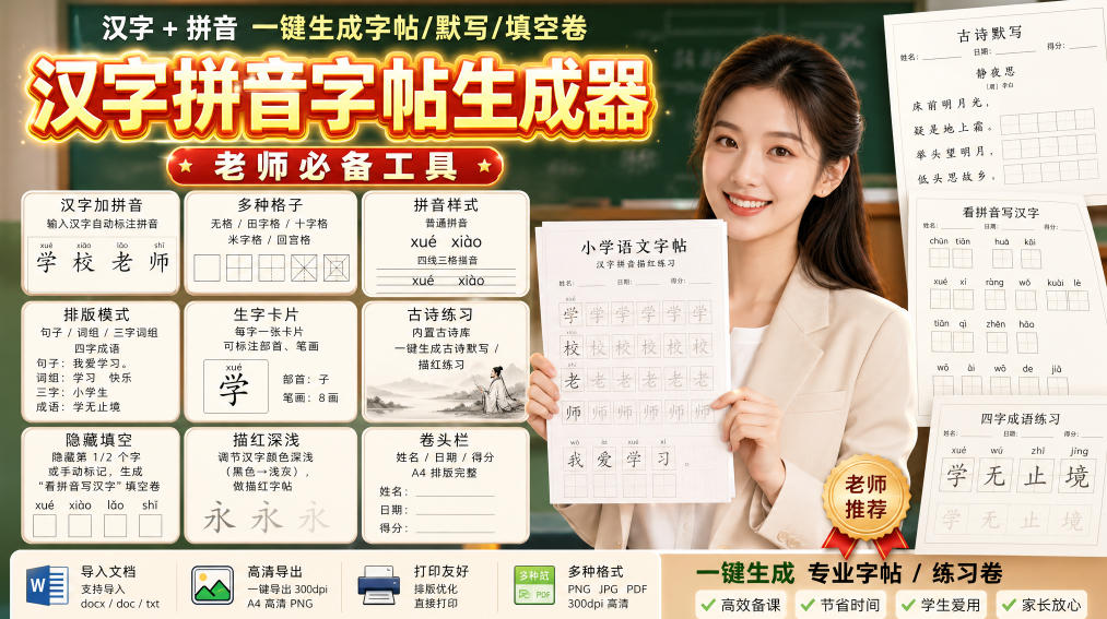 学习神器，汉字拼音字帖生成器，汉字+拼音 一键生成字帖/默写/填空卷，支持词组、成语，老师、家长必备-云网创