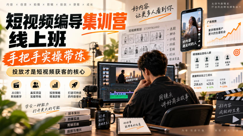 短视频编导集训营线上班，手把手实操带冻，投放才是短视频获客的核心-云网创