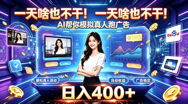 一天啥也不干！AI帮你模拟真人跑广告，稳定日入400+，实现真正被动变现【揭秘】-云网创