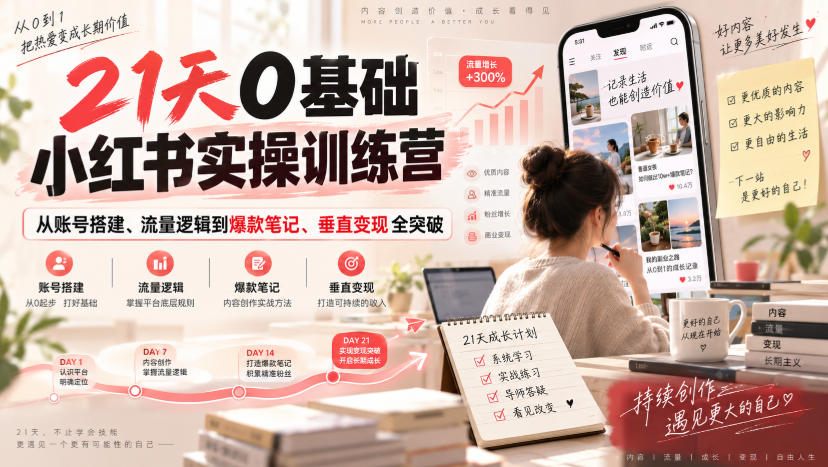 21天0基础小红书实操训练营｜从账号搭建、流量逻辑到爆款笔记、垂直变现全突破-云网创