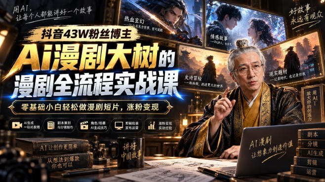 抖音43W粉丝博主Ai漫剧大树的漫剧制作全流程实战课，零基础小白轻松做漫剧短片，涨粉变现-云网创