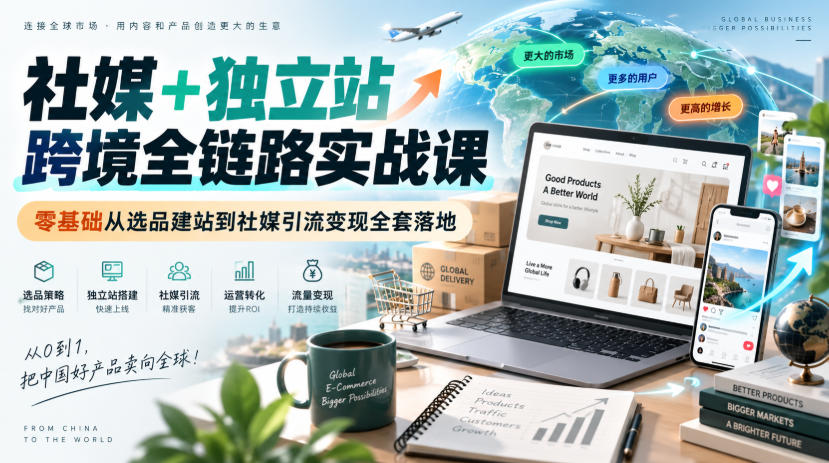 社媒+独立站跨境全链路实战课｜零基础从选品建站到社媒引流变现全套落地-云网创