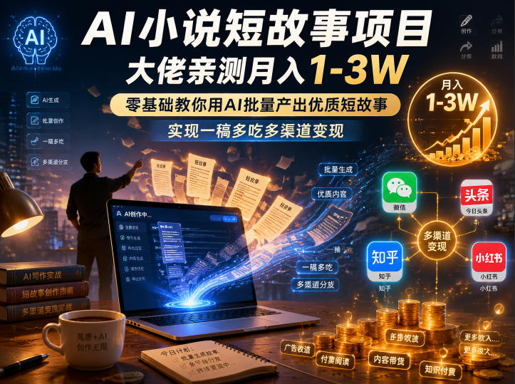 AI小说短故事项目，大佬亲测月入1-3W，零基础教你用AI批量产出优质短故事，实现一稿多吃多渠道变现(更新0910)-云网创