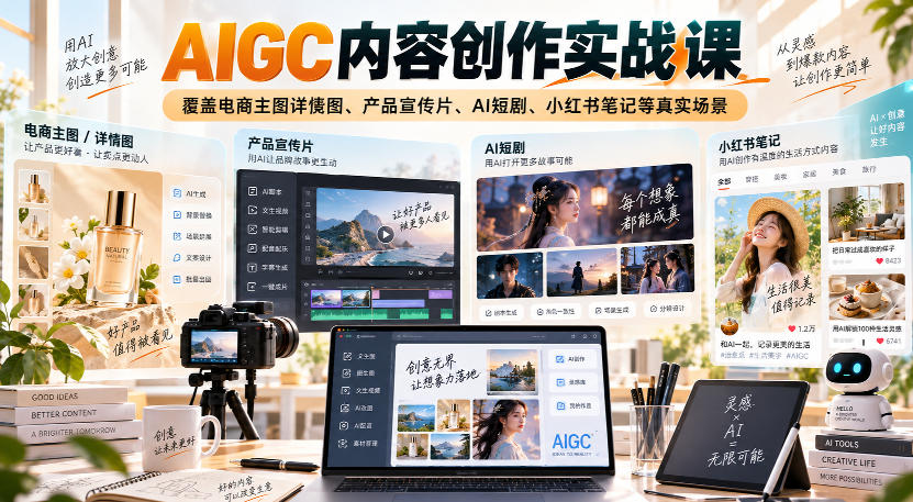 AIGC内容创作实战课，覆盖电商主图详情图、产品宣传片、AI短剧、小红书笔记等真实场景-云网创
