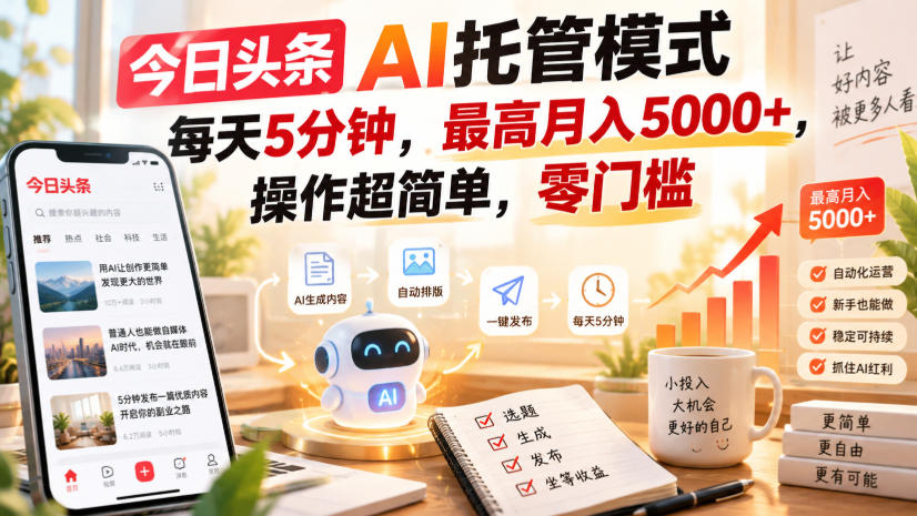 今日头条AI托管模式，每天5分钟，最高月入5000+，操作超简单，零门槛【揭秘】-云网创
