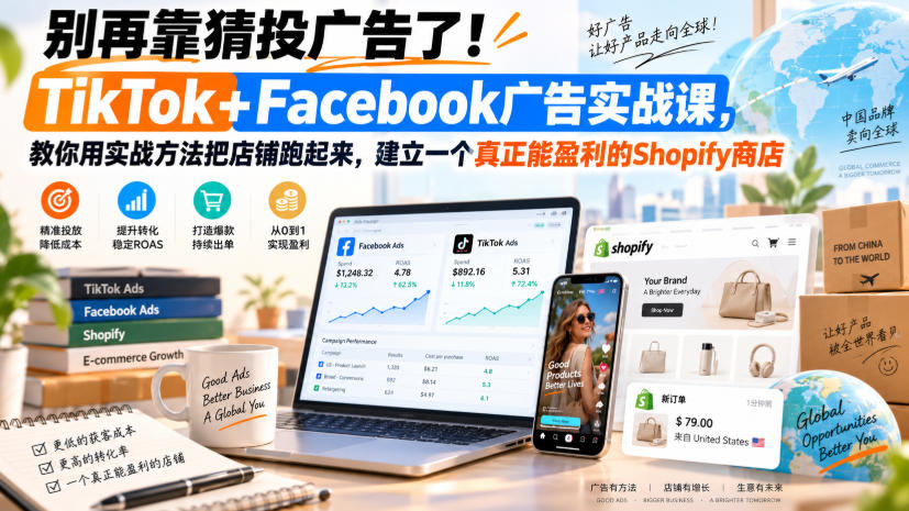 别再靠猜投广告了！TikTok+Facebook广告实战课，教你用实战方法把店铺跑起来，建立一个真正能盈利的Shopify商店【原创双语字幕】-云网创