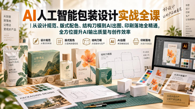 AI人工智能包装设计实战全课｜从设计规范、版式配色、结构刀模到AI出图、印刷落地全精通-云网创