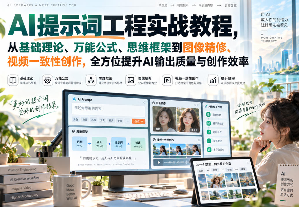 AI提示词工程实战教程，从基础理论、万能公式、思维框架到图像精修、视频一致性创作，全方位提升AI输出质量与创作效率-云网创