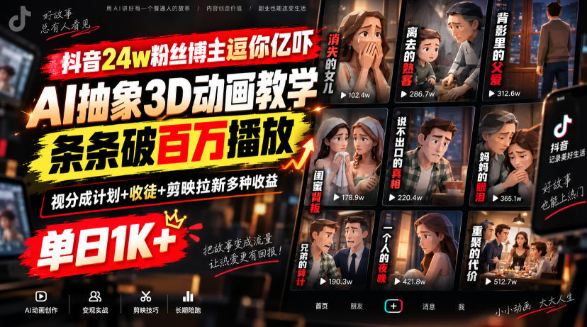 抖音24w粉丝博主逗你亿吓AI抽象3D动画教学，条条破百万播放，分成计划+收徒+剪映拉新多种收益，单日1K+-云网创