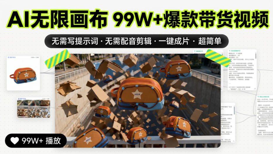 AI无限画布99W+爆款带货视频，无需写提示词·无需配音剪辑·一键成片·超简单-云网创