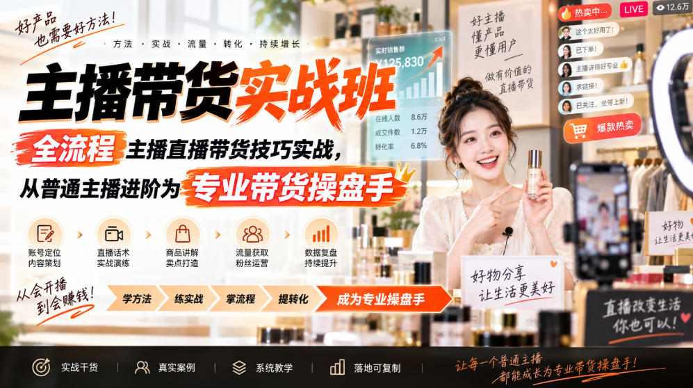 主播带货实战班ZB，全流程主播直播带货技巧实战，从普通主播进阶为专业带货操盘手-云网创