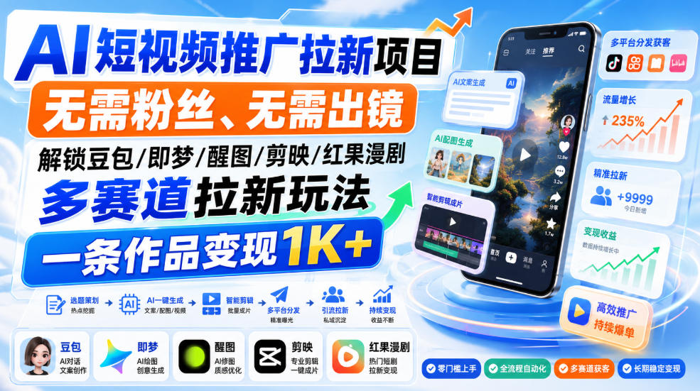 AI短视频推广拉新项目，无需粉丝、无需出镜，解锁豆包/即梦/醒图/剪映/红果漫剧多赛道拉新玩法，一条作品变现1K+(更新0910)-云网创