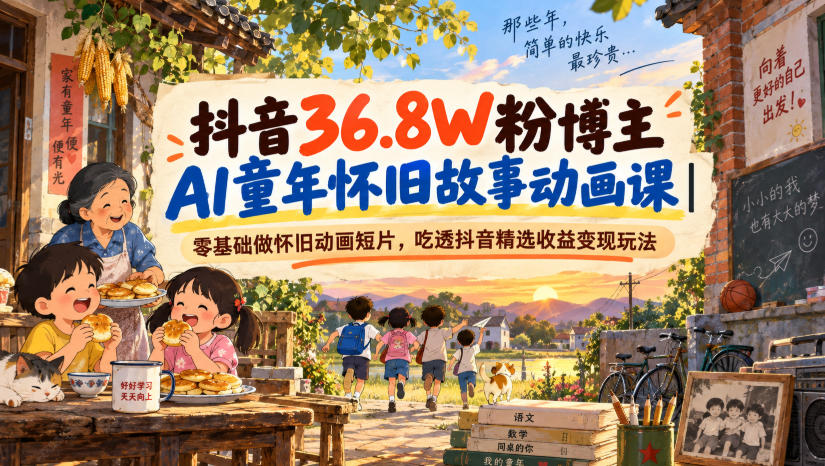 抖音36.8W粉博主AI童年怀旧故事动画课｜零基础做怀旧动画短片，吃透抖音精选收益变现玩法-云网创