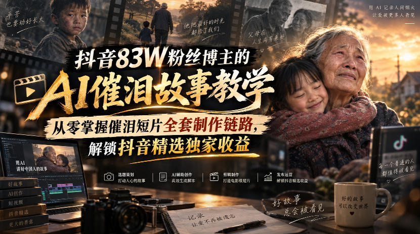 抖音83W粉丝博主的AI催泪故事教学，从零掌握催泪短片全套制作链路，解锁抖音精选独家收益-云网创