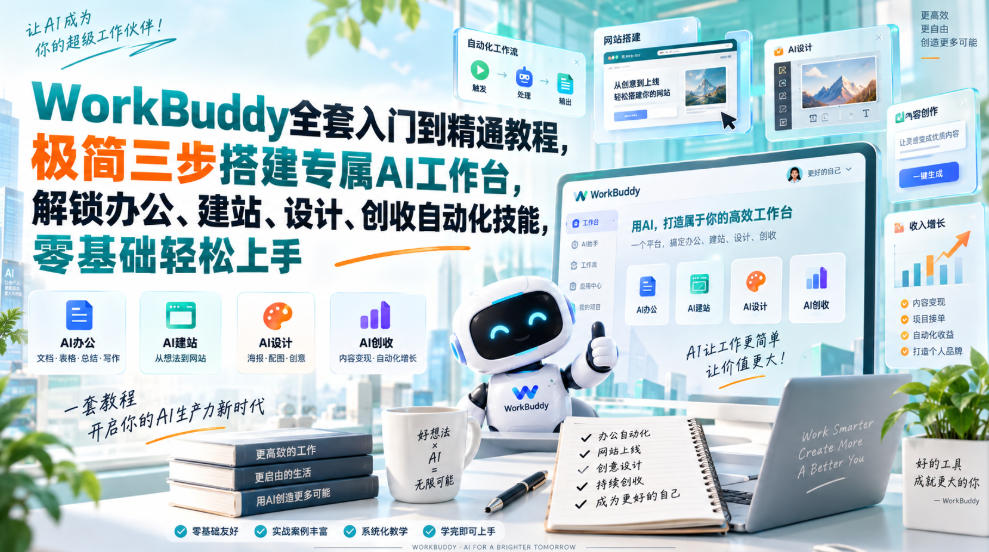 WorkBuddy全套入门到精通教程，极简三步搭建专属AI工作台，解锁办公、建站、设计、创收自动化技能，零基础轻松上手-云网创