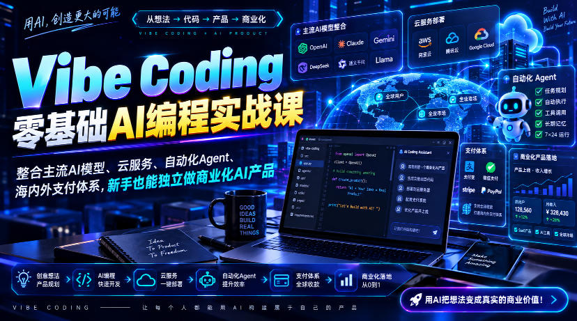 Vibe Coding零基础AI编程实战课-无水印，整合主流AI模型、云服务、自动化Agent、海内外支付体系，新手也能独立做商业化AI产品-云网创