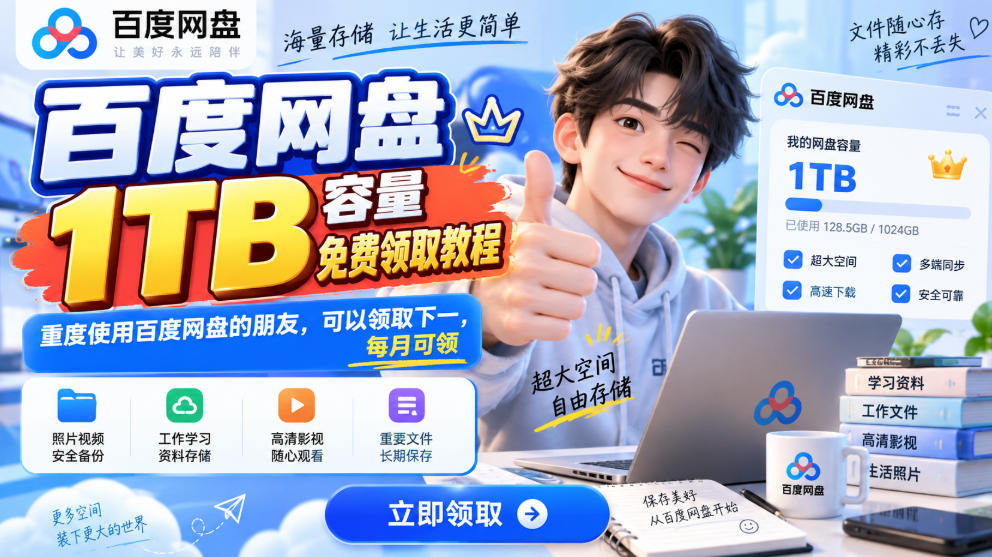 百度网盘1TB容量免费领取教程，重度使用百度网盘的朋友，可以领取下一，每月可领-云网创