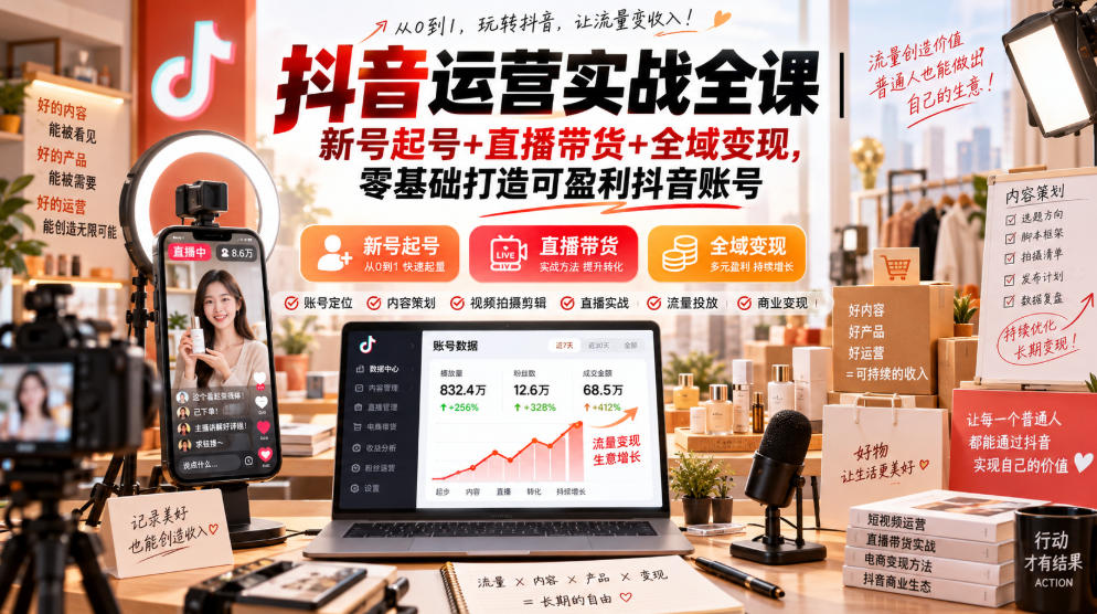 抖音运营实战全课｜新号起号+直播带货+全域变现，零基础打造可盈利抖音账号-云网创