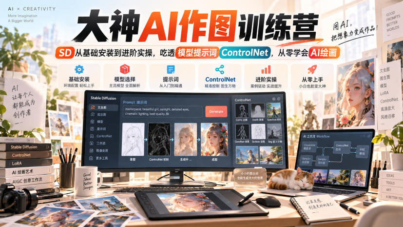 大神AI作图训练营，SD从基础安装到进阶实操，吃透模型提示词ControlNet，从零学会AI绘画-云网创