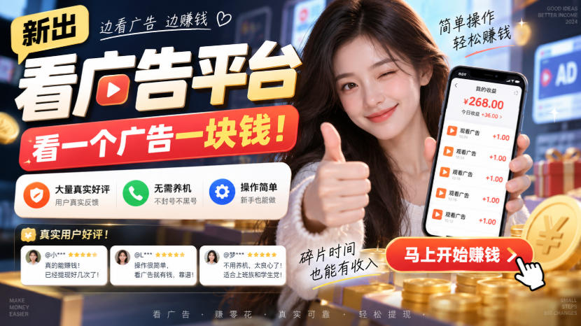 新出看广告平台，看一个广告一块钱，大量真实好评！无需养机、不会黑号，操作简单【揭秘】-云网创
