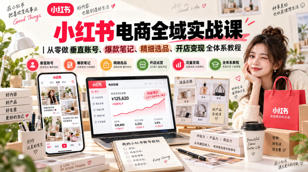 小红书电商全域实战课｜从零做垂直账号、爆款笔记、精细选品、开店变现全体系教程-云网创
