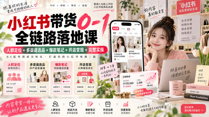 小红书带货0-1全链路落地课｜人群定位+多渠道选品+爆款笔记+开店变现完整实操-云网创