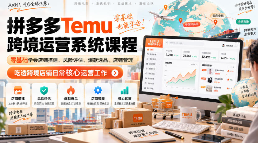 Temu跨境拼多多运营系统课程，零基础学会店铺搭建、风险评估、爆款选品、店铺管理，吃透跨境店铺日常核心运营工作-云网创