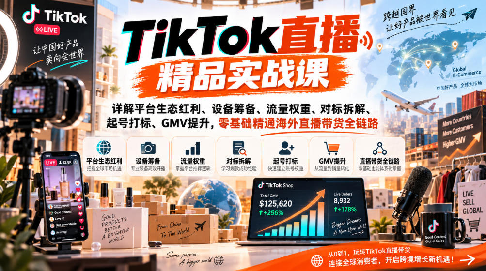 TikTok直播精品实战课，详解平台生态红利、设备筹备、流量权重、对标拆解、起号打标、GMV提升，零基础精通海外直播带货全链路-云网创