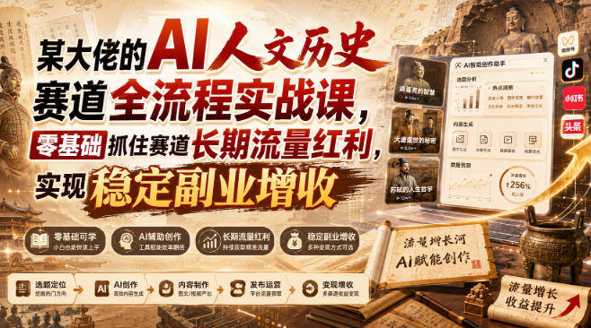 某大佬的AI人文历史赛道全流程实战课，零基础抓住赛道长期流量红利，实现稳定副业增收(更新)-云网创