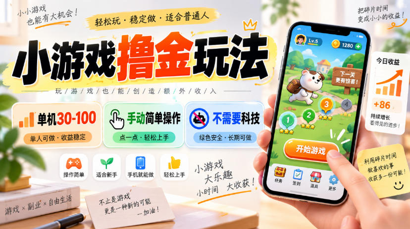 小游戏撸金玩法，单机30-100，手动简单操作，不需要科技-云网创