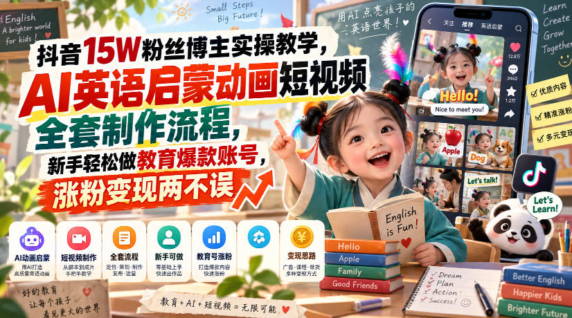 抖音15W粉丝博主实操教学，AI英语启蒙动画短视频全套制作流程，新手轻松做教育爆款账号，涨粉变现两不误-云网创
