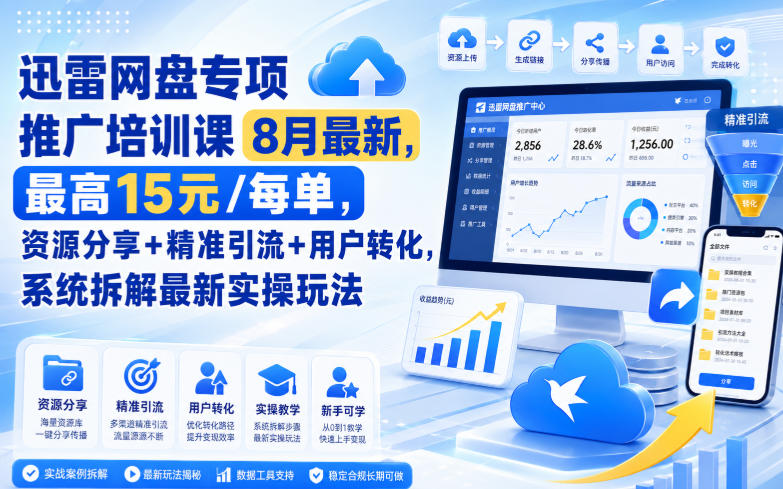 迅雷网盘专项推广培训课9月最新，最高15米/每单，资源分享+精准引流+用户转化，系统拆解最新实操玩法(更新0915)-云网创