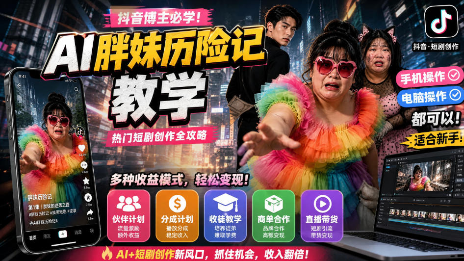 抖音博主的AI胖妹历险记教学，伙伴计划+分成计划+收徒+商单等多种收益，适合新手，手机电脑都可以操作-云网创