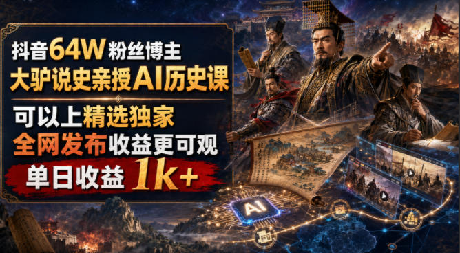 抖音64W粉丝博主大驴说史亲授AI历史课，可以上精选独家，全网发布收益更可观，单日收益1k+(更新)-云网创