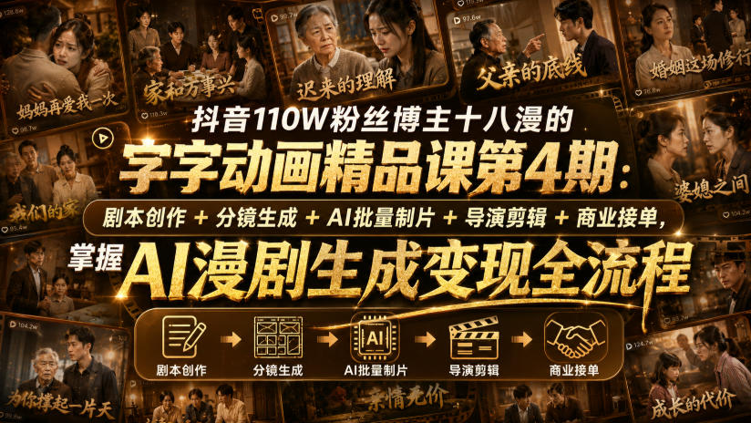 抖音110W粉丝博主十八漫的字字动画精品课第4期：剧本创作+分镜生成+剪辑+商业接单，掌握AI漫剧生成变现全流程(更新0916)-云网创