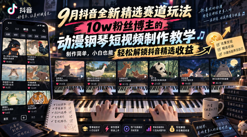 9月抖音全新精选赛道玩法，10w粉丝博主的动漫钢琴短视频制作教学，制作简单，小白也能轻松解锁抖音精选收益-云网创