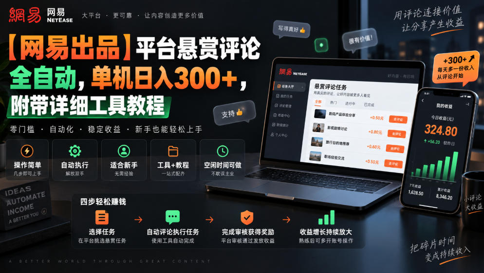 【网易出品】平台悬赏评论全自动，单机日入300+，附带详细工具教程【揭秘】-云网创
