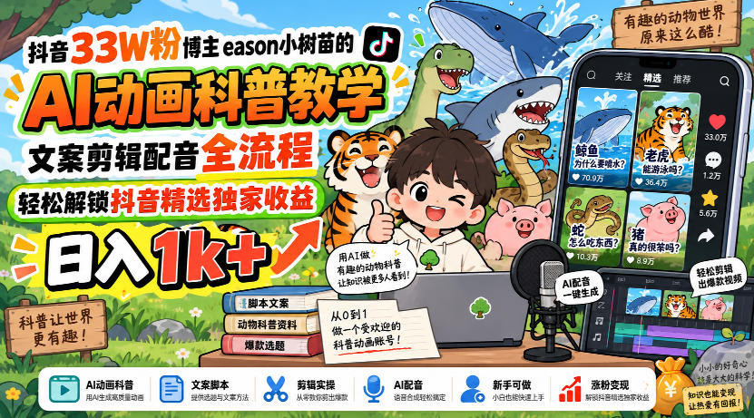 抖音33W粉博主eason小树苗的AI动画科普教学，文案剪辑配音全流程，轻松解锁抖音精选独家收益，日入1k+-云网创