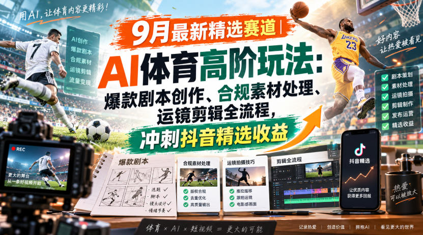 某大佬的9月最新精选赛道之AI体育顶级玩法，爆款剧本创作、版权规避、运镜剪辑全流程，稳拿抖音精选收益-云网创