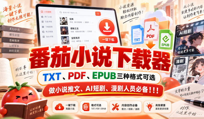 番茄小说下载器，TXT、PDF、EPUB三种格式可选，做小说推文、AI短剧、漫剧人员必备！！！-云网创