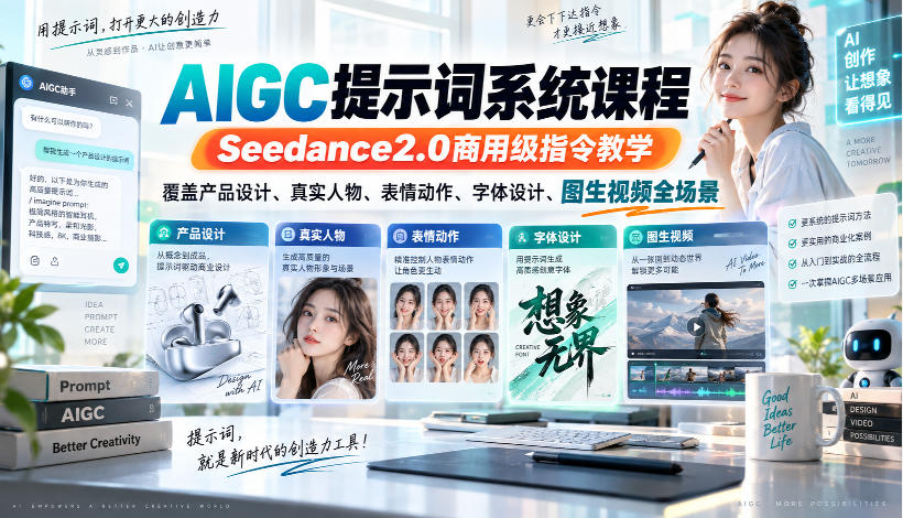 AIGC提示词系统课程，Seedance2.0商用级指令教学，覆盖产品设计、真实人物、表情动作、字体设计、图生视频全场景-云网创