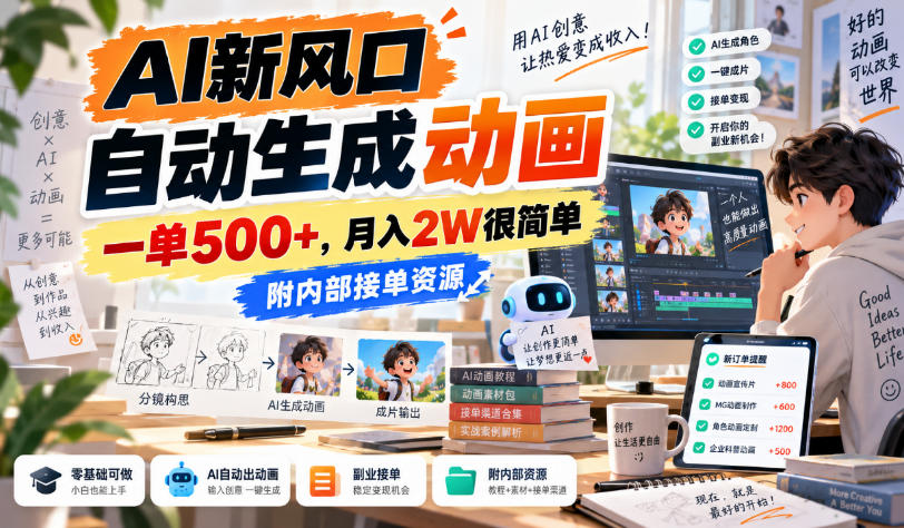 AI新风口，自动生成动画，一单500+，月入2W很简单，附内部接单资源【揭秘】-云网创