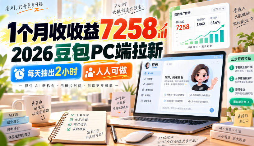 1个月收收益7258，2026豆包PC端拉新，每天抽出2小时，人人可做-云网创